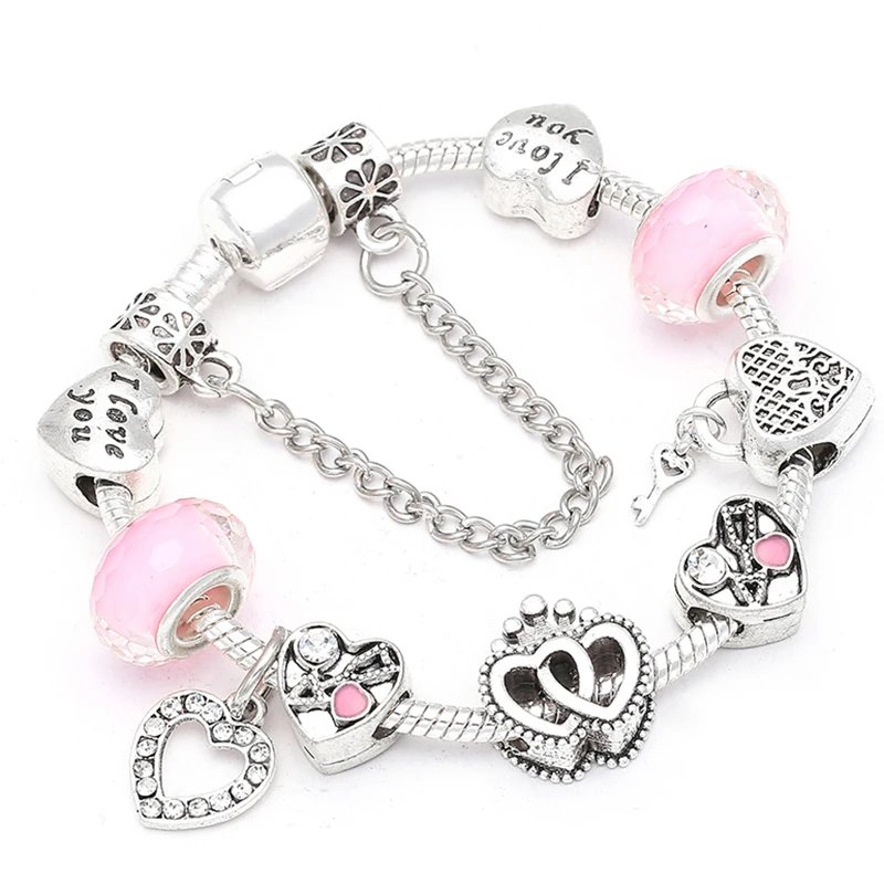 BAOPN European Pink Heart To Heart Beads Charm Bracelets For Women Fit Brand Bracelet & Bangle Couple Jewelry