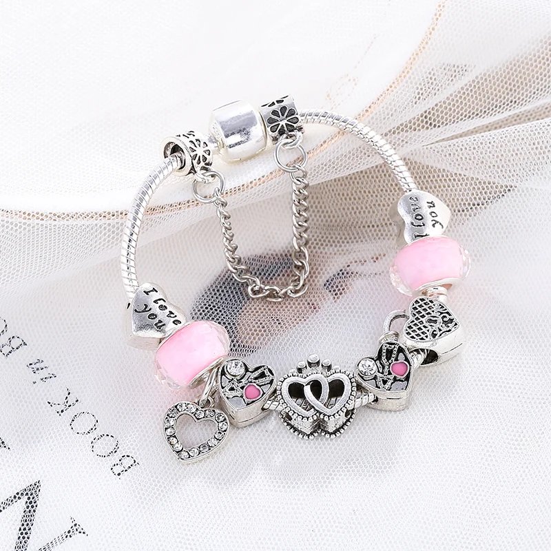 BAOPN European Pink Heart To Heart Beads Charm Bracelets For Women Fit Brand Bracelet & Bangle Couple Jewelry