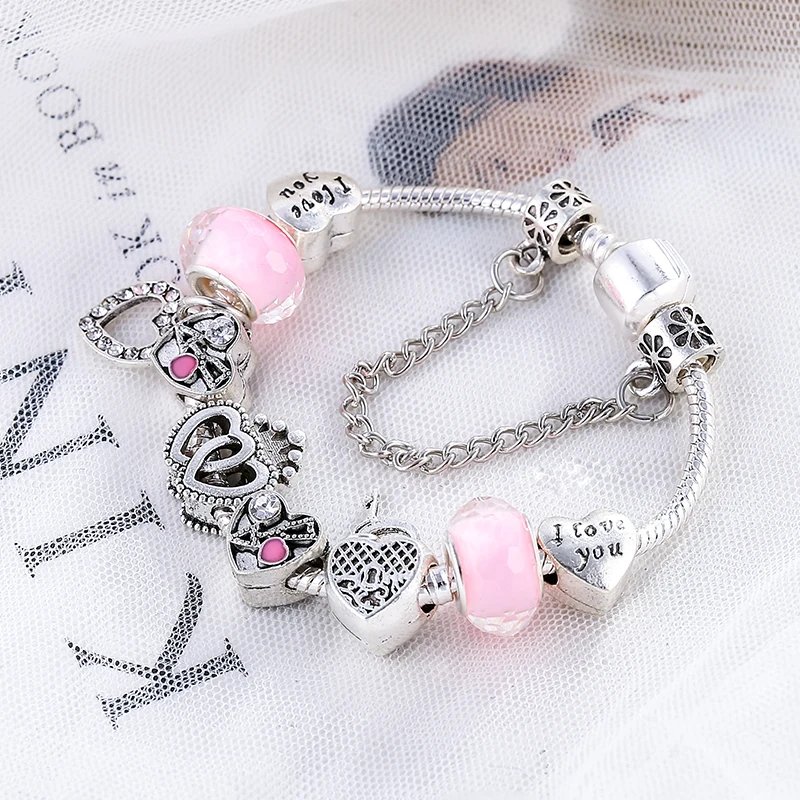 BAOPN European Pink Heart To Heart Beads Charm Bracelets For Women Fit Brand Bracelet & Bangle Couple Jewelry