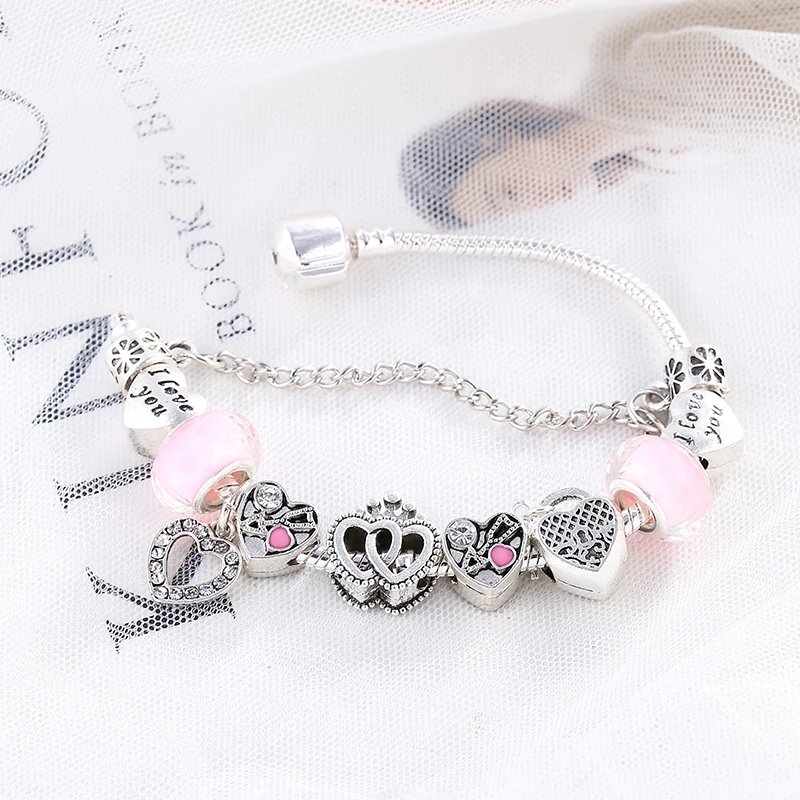 BAOPN European Pink Heart To Heart Beads Charm Bracelets For Women Fit Brand Bracelet & Bangle Couple Jewelry