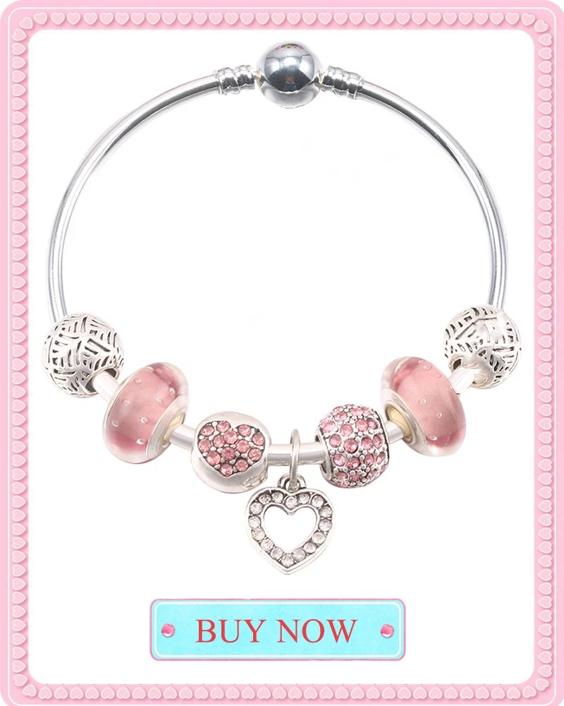 BAOPN European Pink Heart To Heart Beads Charm Bracelets For Women Fit Brand Bracelet & Bangle Couple Jewelry