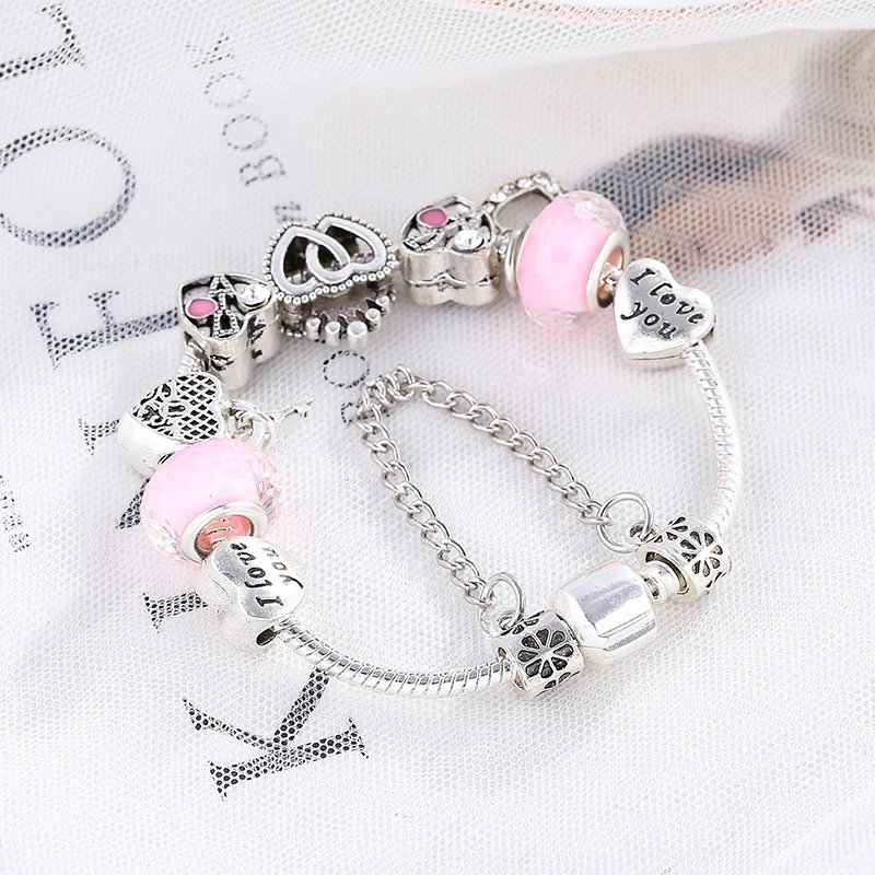 BAOPN European Pink Heart To Heart Beads Charm Bracelets For Women Fit Brand Bracelet & Bangle Couple Jewelry