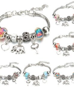 Antique Original Elephant Key Lock Shape 6 Colors Charm Bracelets for Women Glass Beads Bracelet & Bangle DIY Jewelry Gifts