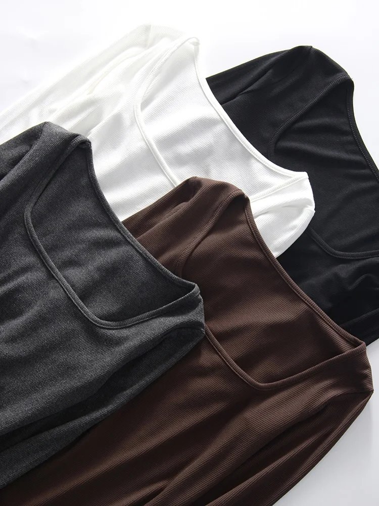Spring Winter Modal T Shirt Women Long Sleeve Tops Brown Basic Slim Big Neck Top T Shirts Women Pullovers Black White Tees 2025