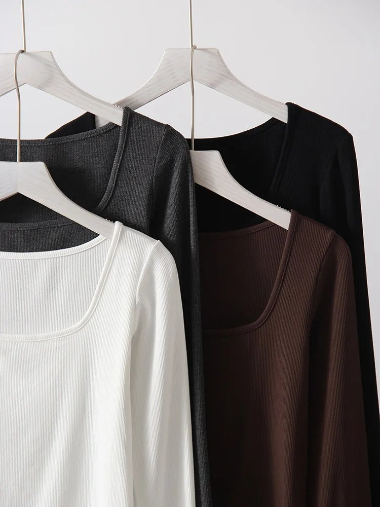 Spring Winter Modal T Shirt Women Long Sleeve Tops Brown Basic Slim Big Neck Top T Shirts Women Pullovers Black White Tees 2025