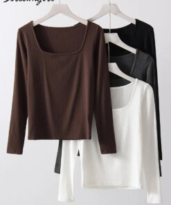 Alternative view of Spring Winter Modal T Shirt Women Long Sleeve Tops Brown Basic Slim Big Neck Top T Shirts Women Pullovers Black White Tees 2025