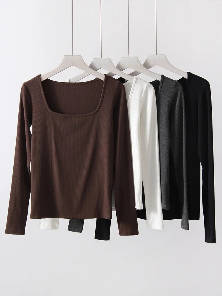 Spring Winter Modal T Shirt Women Long Sleeve Tops Brown Basic Slim Big Neck Top T Shirts Women Pullovers Black White Tees 2025