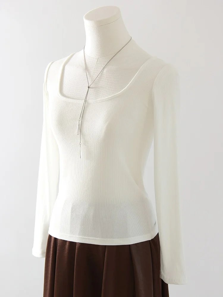 Spring Winter Modal T Shirt Women Long Sleeve Tops Brown Basic Slim Big Neck Top T Shirts Women Pullovers Black White Tees 2025