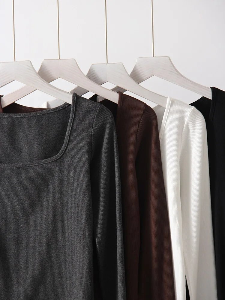 Spring Winter Modal T Shirt Women Long Sleeve Tops Brown Basic Slim Big Neck Top T Shirts Women Pullovers Black White Tees 2025
