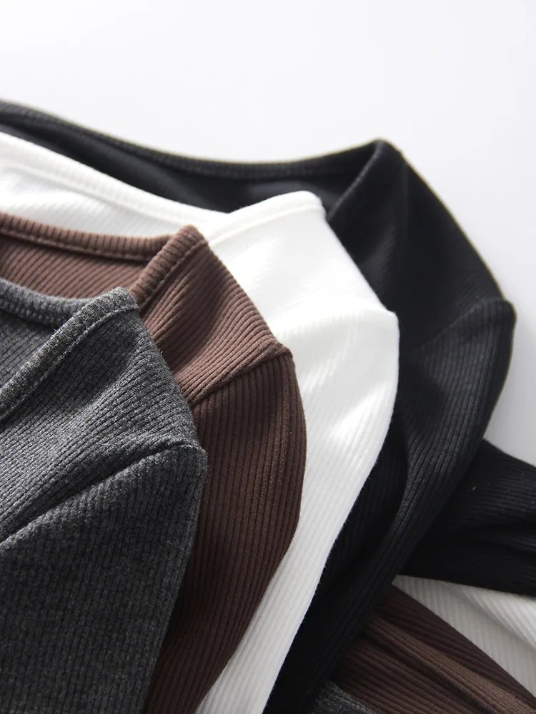 Spring Winter Modal T Shirt Women Long Sleeve Tops Brown Basic Slim Big Neck Top T Shirts Women Pullovers Black White Tees 2025