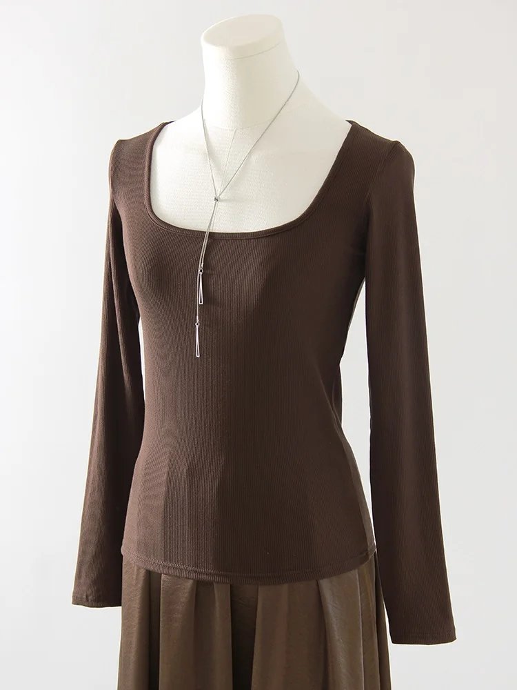 Spring Winter Modal T Shirt Women Long Sleeve Tops Brown Basic Slim Big Neck Top T Shirts Women Pullovers Black White Tees 2025