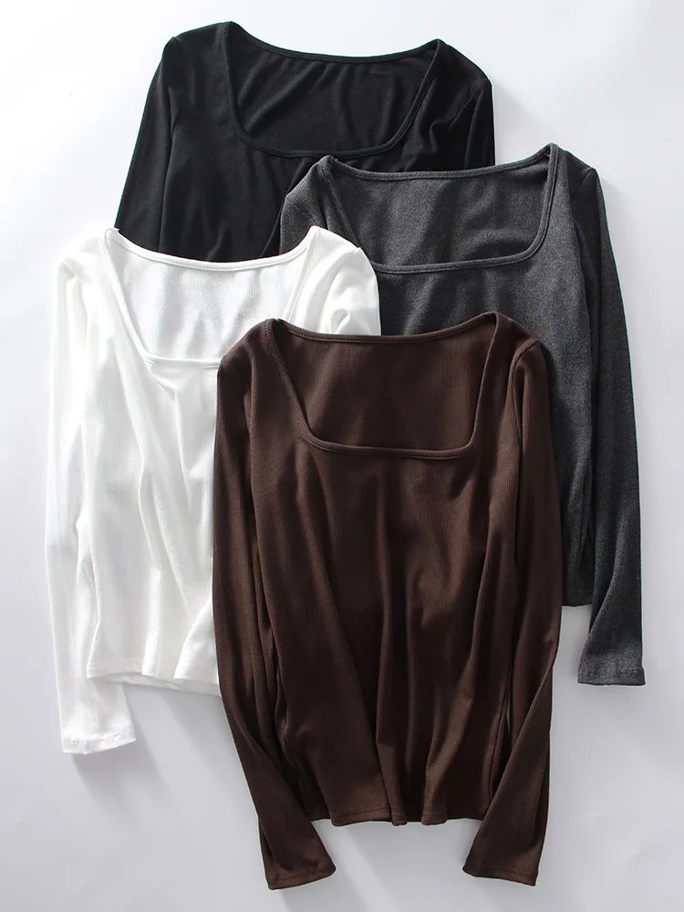 Spring Winter Modal T Shirt Women Long Sleeve Tops Brown Basic Slim Big Neck Top T Shirts Women Pullovers Black White Tees 2025