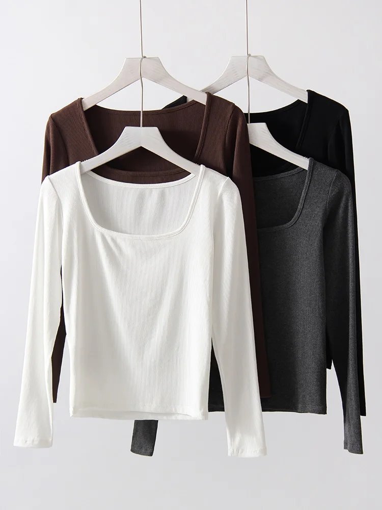 Spring Winter Modal T Shirt Women Long Sleeve Tops Brown Basic Slim Big Neck Top T Shirts Women Pullovers Black White Tees 2025