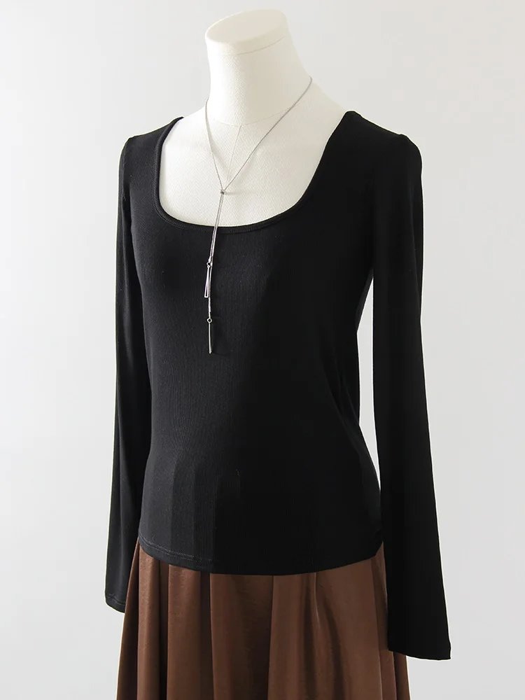 Spring Winter Modal T Shirt Women Long Sleeve Tops Brown Basic Slim Big Neck Top T Shirts Women Pullovers Black White Tees 2025