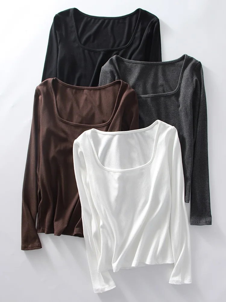 Spring Winter Modal T Shirt Women Long Sleeve Tops Brown Basic Slim Big Neck Top T Shirts Women Pullovers Black White Tees 2025