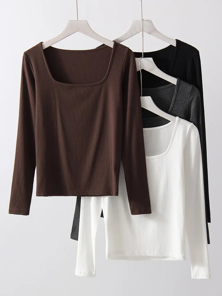 Spring Winter Modal T Shirt Women Long Sleeve Tops Brown Basic Slim Big Neck Top T Shirts Women Pullovers Black White Tees 2025