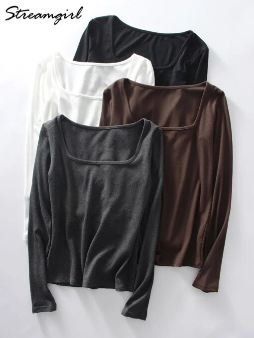 Spring Winter Modal T Shirt Women Long Sleeve Tops Brown Basic Slim Big Neck Top T Shirts Women Pullovers Black White Tees 2025