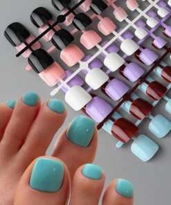 144pcs Short Square False Toe Nails Lake Blue/White/Red/Nude Press on Toenails Glossy Full Cover Toe Nails 100/120pcs Artificial
