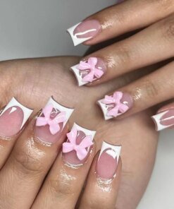 24Pcs/set Bows Press on Nails Short Square Fake Nail White French Tip False Nails with Pink Bow Charms Stick on Nails for Women