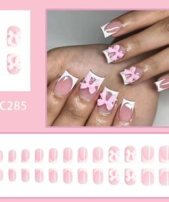 Alternative view of 24Pcs/set Bows Press on Nails Short Square Fake Nail White French Tip False Nails with Pink Bow Charms Stick on Nails for Women