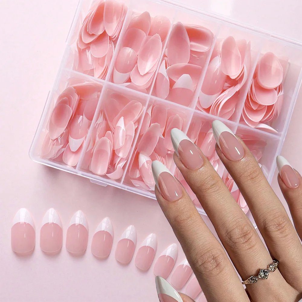 360Pcs/box Glossy Soft Gel Pink French Nail Tips Medium Almond White Simple Press On Nails 10Grids Huge Capacity False Nails*&