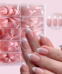 360Pcs/box Glossy Soft Gel Pink French Nail Tips Medium Almond White Simple Press On Nails 10Grids Huge Capacity False Nails*&