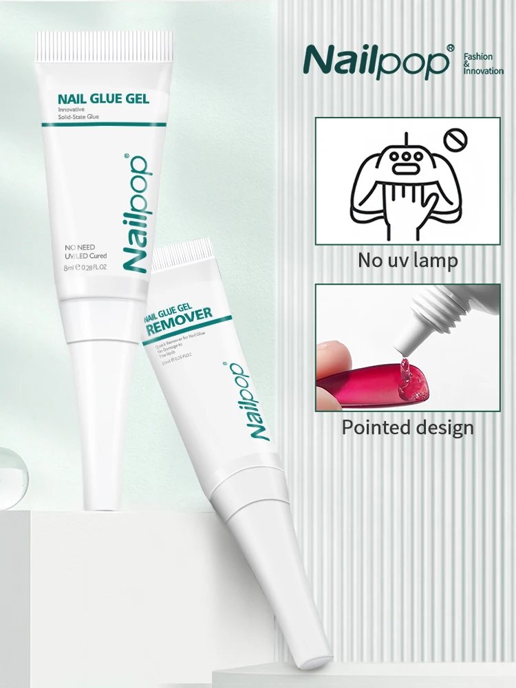 Nailpop Quick Drying Solid Nail Glue with Remover for Press On Nails Tips No Need for UV Lamp Long Lasting Fake Nails Glue Kit