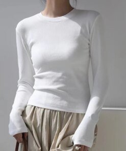 Cotton O Neck Long Sleeve Shirt Women Sexy Cropped Tops 2024 Autumn Black Casual Skinny Slim Basic Woman T Shirts White Clothing