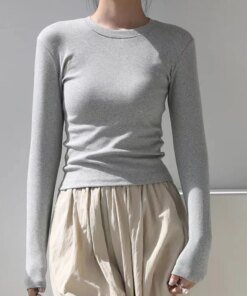 Alternative view of Cotton O Neck Long Sleeve Shirt Women Sexy Cropped Tops 2024 Autumn Black Casual Skinny Slim Basic Woman T Shirts White Clothing