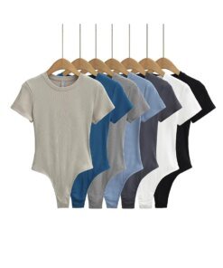 Summer Short Sleeve O-neck Bodysuits Women Knits Stretchable Slim 14 Colors Basic Top Jumpsuits