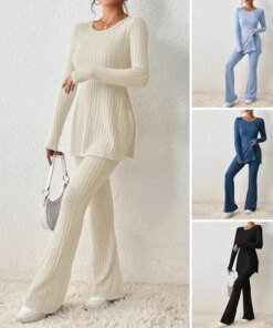 2023 Fall Winter Knitted 2 Piece Suits Women Long Sleeve Ribbed Slit Long Top and High Waist Pencil Pants Set Fashion Outfit