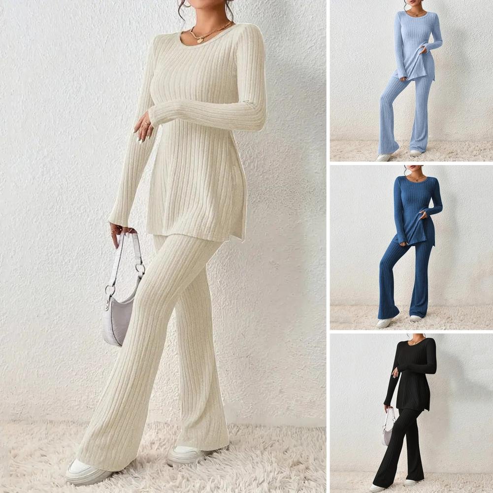 2023 Fall Winter Knitted 2 Piece Suits Women Long Sleeve Ribbed Slit Long Top and High Waist Pencil Pants Set Fashion Outfit 2023 Fall Winter Knitted 2 Piece Suits Women Long Sleeve Ribbed Slit Long Top and High Waist Pencil Pants Set Fashion Outfit