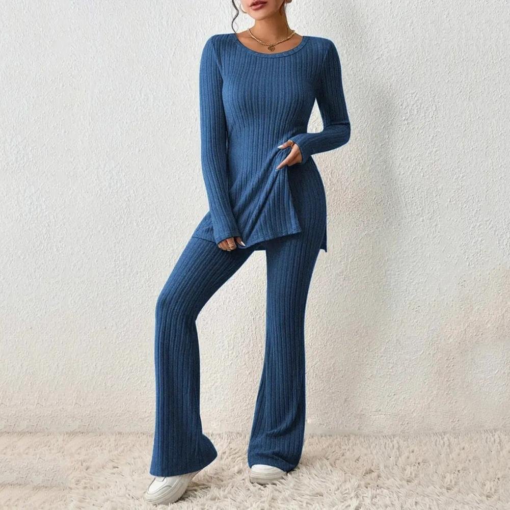 2023 Fall Winter Knitted 2 Piece Suits Women Long Sleeve Ribbed Slit Long Top and High Waist Pencil Pants Set Fashion Outfit 2023 Fall Winter Knitted 2 Piece Suits Women Long Sleeve Ribbed Slit Long Top and High Waist Pencil Pants Set Fashion Outfit