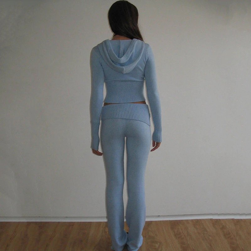 Fashion Women Ribbed Knit 2 Piece Outfits Long Sleeve Zipper-Up Slim Fit Hooded Crop Top Elastic Long Pants Set Y2K Tracksuits