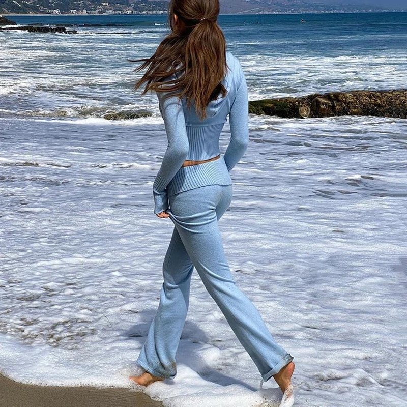Fashion Women Ribbed Knit 2 Piece Outfits Long Sleeve Zipper-Up Slim Fit Hooded Crop Top Elastic Long Pants Set Y2K Tracksuits