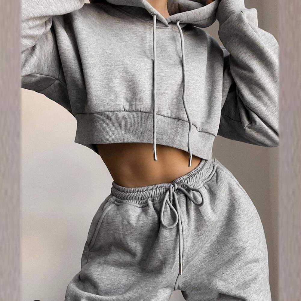 White Autumn Sexy Hoodies Pants Set Tracksuit Hooded Drawstring Women Long Sleeve Crop Top Hoodies Pockets Trousers for Sports White Autumn Sexy Hoodies Pants Set Tracksuit Hooded Drawstring Women Long Sleeve Crop Top Hoodies Pockets Trousers for Sports