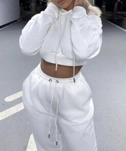 White Autumn Sexy Hoodies Pants Set Tracksuit Hooded Drawstring Women Long Sleeve Crop Top Hoodies Pockets Trousers for Sports