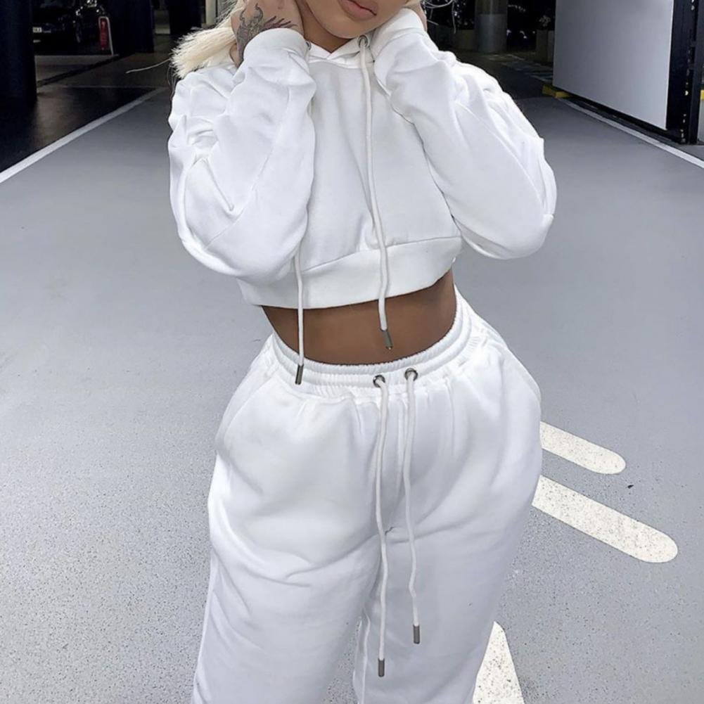 White Autumn Sexy Hoodies Pants Set Tracksuit Hooded Drawstring Women Long Sleeve Crop Top Hoodies Pockets Trousers for Sports White Autumn Sexy Hoodies Pants Set Tracksuit Hooded Drawstring Women Long Sleeve Crop Top Hoodies Pockets Trousers for Sports