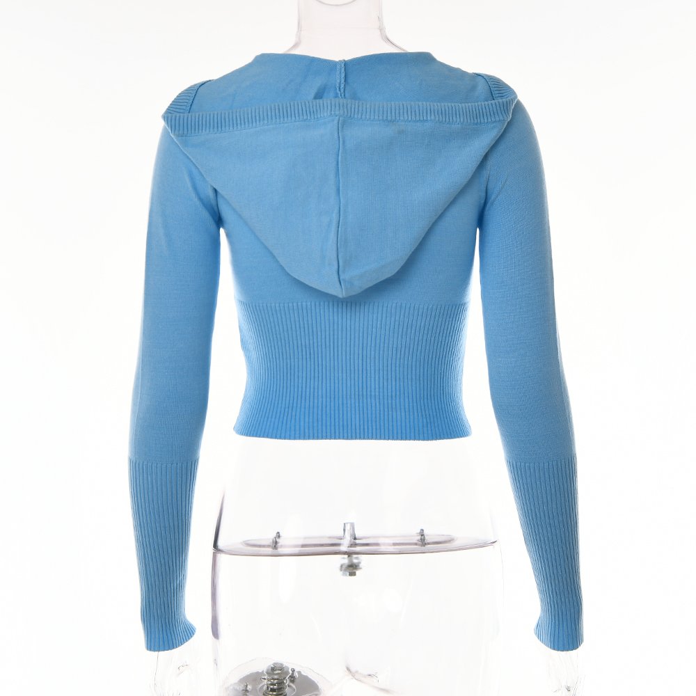 Women's Fall 2Pcs Knitted Outfits Solid Color Long Sleeve Zipper-Up Slim Fit Hooded Crop Tops+Low Waist Long Pants Set