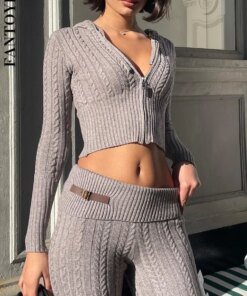 Fantoye Knitted Long Sleeve Zipper Hooded Women Two Piece Sets Thicken Sweater Skinny Long Pant Suit Solid Casual Sweatshirt Set