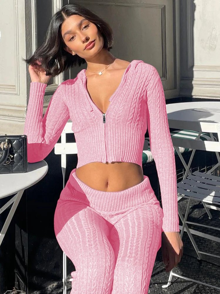 Fantoye Knitted Long Sleeve Zipper Hooded Women Two Piece Sets Thicken Sweater Skinny Long Pant Suit Solid Casual Sweatshirt Set Fantoye Knitted Long Sleeve Zipper Hooded Women Two Piece Sets Thicken Sweater Skinny Long Pant Suit Solid Casual Sweatshirt Set