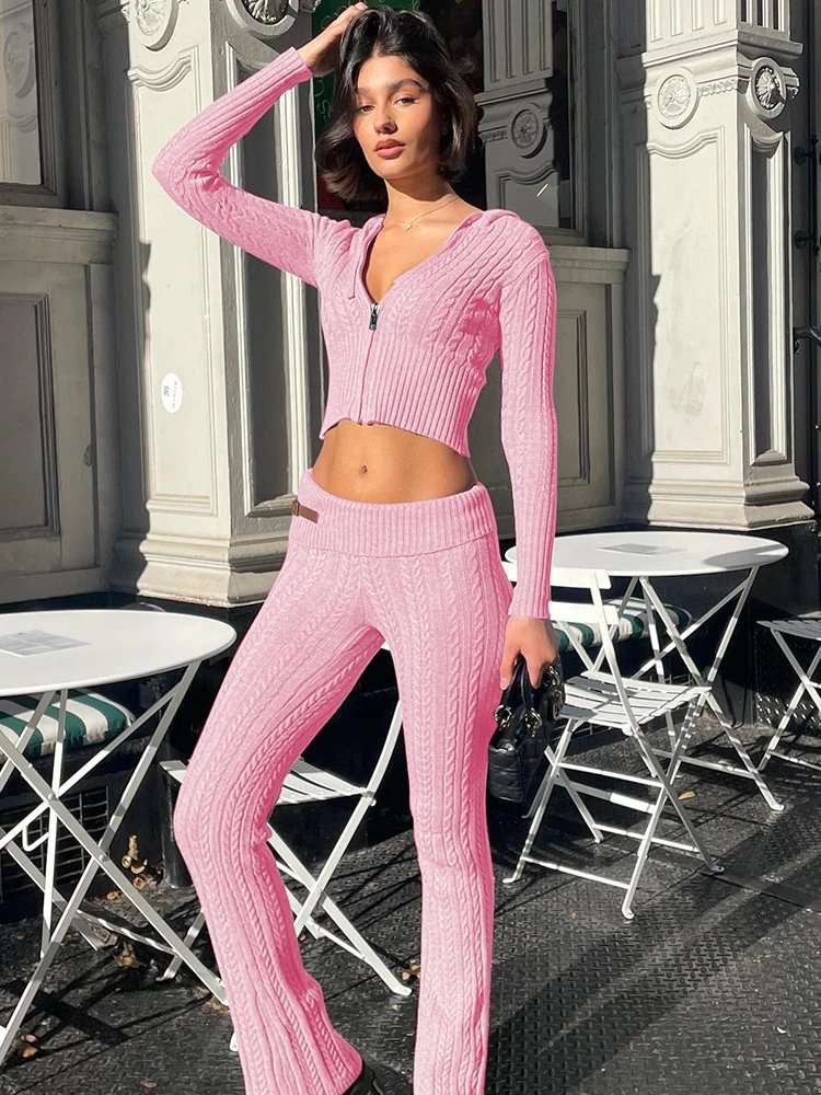 Fantoye Knitted Long Sleeve Zipper Hooded Women Two Piece Sets Thicken Sweater Skinny Long Pant Suit Solid Casual Sweatshirt Set Fantoye Knitted Long Sleeve Zipper Hooded Women Two Piece Sets Thicken Sweater Skinny Long Pant Suit Solid Casual Sweatshirt Set