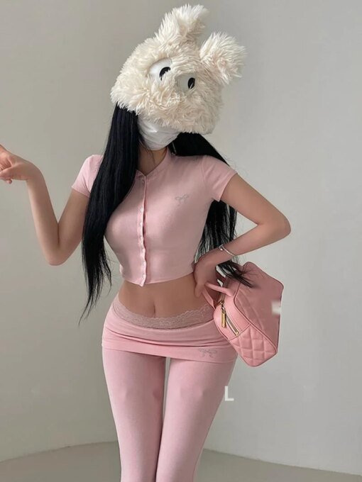Pure Desire Style Single Breasted Short Sleeved Cardigan Hot Diamond Lace High Waist FLARE PANTS Casual Pants Set Sweet GH7P