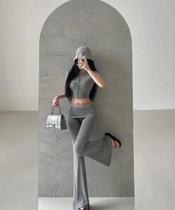 Alternative view of Pure Desire Style Single Breasted Short Sleeved Cardigan Hot Diamond Lace High Waist FLARE PANTS Casual Pants Set Sweet GH7P