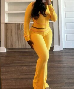 Waffle Texture Women Autumn 2 Piece Set Tracksuits Zipper Long Sleeve Hooded Jacket Crop Top + Flare Pants Casual Jogger Suits