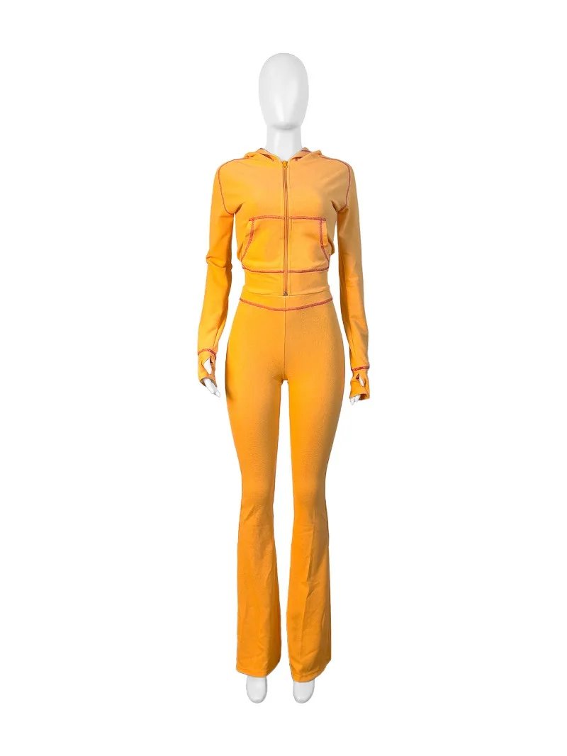 Waffle Texture Women Autumn 2 Piece Set Tracksuits Zipper Long Sleeve Hooded Jacket Crop Top + Flare Pants Casual Jogger Suits