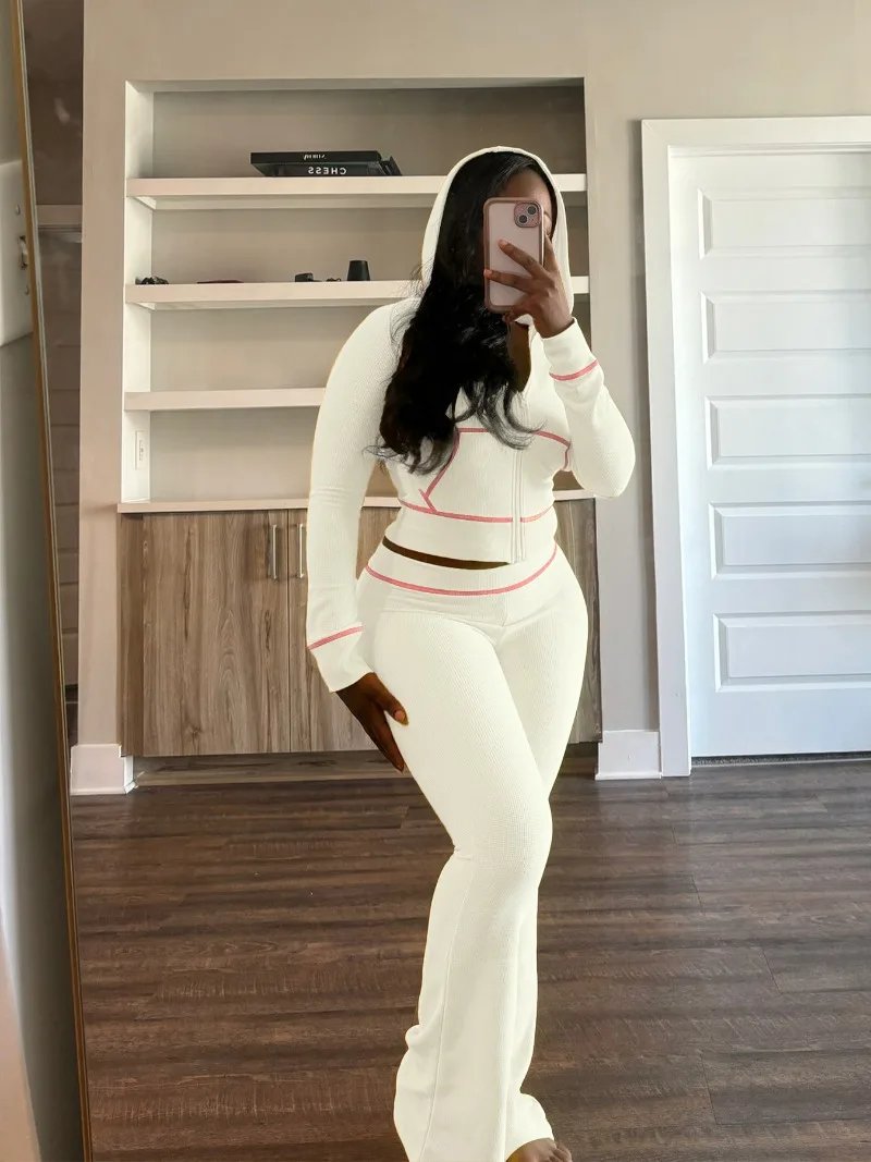 Waffle Texture Women Autumn 2 Piece Set Tracksuits Zipper Long Sleeve Hooded Jacket Crop Top + Flare Pants Casual Jogger Suits