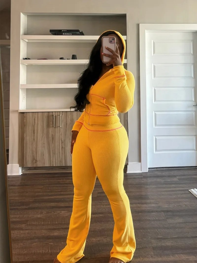 Waffle Texture Women Autumn 2 Piece Set Tracksuits Zipper Long Sleeve Hooded Jacket Crop Top + Flare Pants Casual Jogger Suits