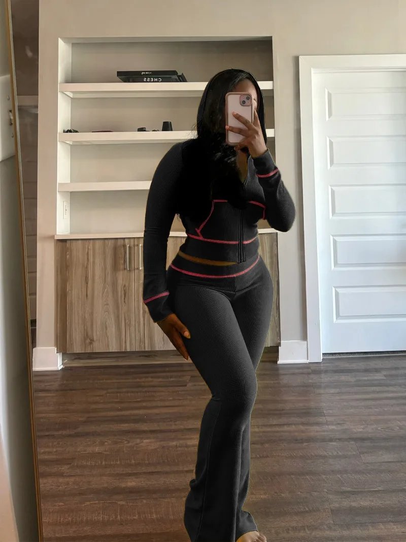 Waffle Texture Women Autumn 2 Piece Set Tracksuits Zipper Long Sleeve Hooded Jacket Crop Top + Flare Pants Casual Jogger Suits