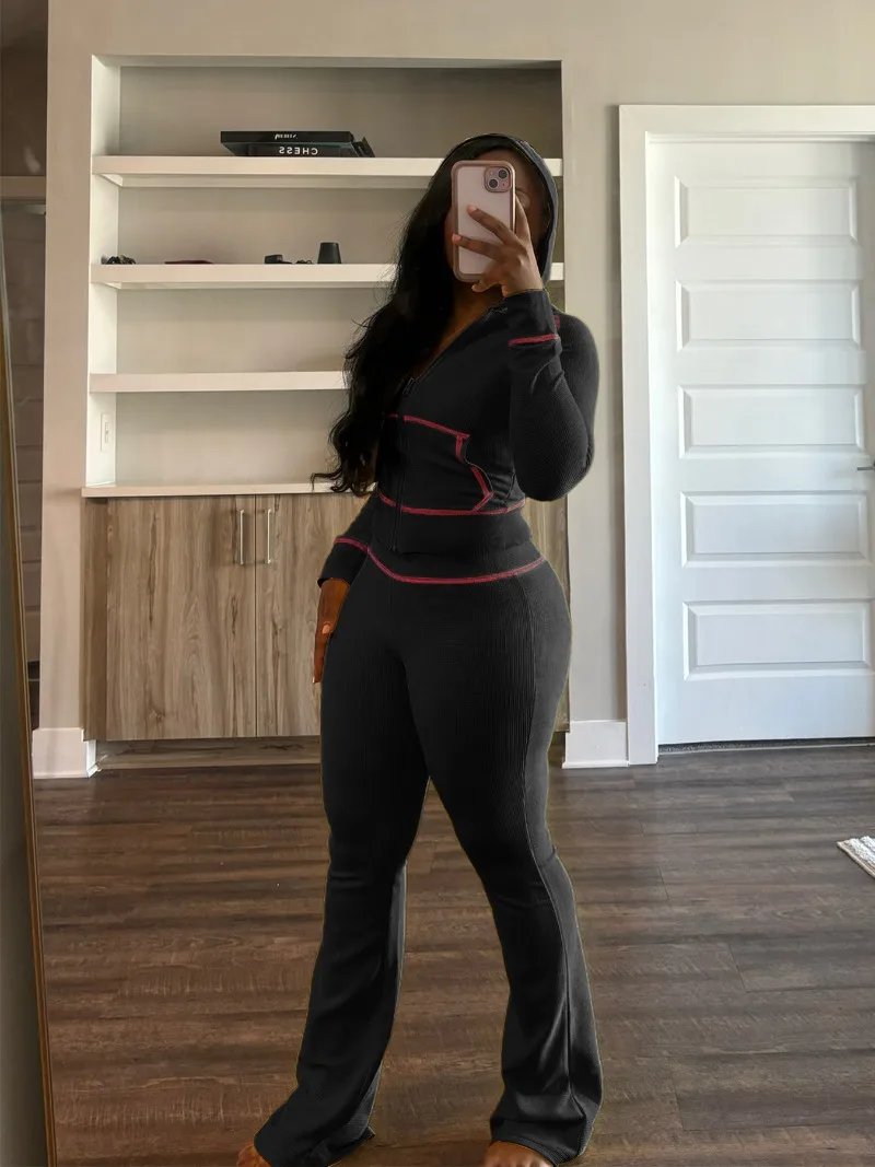 Waffle Texture Women Autumn 2 Piece Set Tracksuits Zipper Long Sleeve Hooded Jacket Crop Top + Flare Pants Casual Jogger Suits